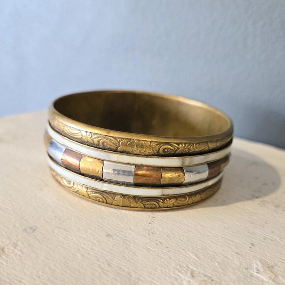 Mixed Metal Chunky Bangle Stack Mother of Pearl Enamel Copper Brass Steel Boho - Picture 6 of 9